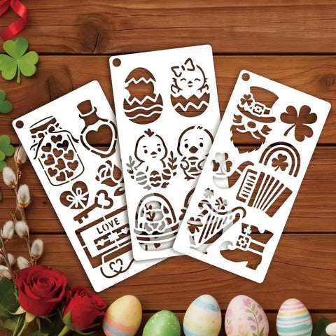 Spring Season Reusable Art Stencils For Painting 12 Piece Collection featuring heart, clover, rabbit designs on white plastic sheets.