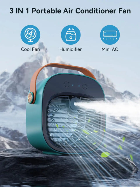 Rechargeable Mini Air Conditioner With 5200mAh Battery, Ultra Quiet Desk Cooler in green with mist in mountain backdrop