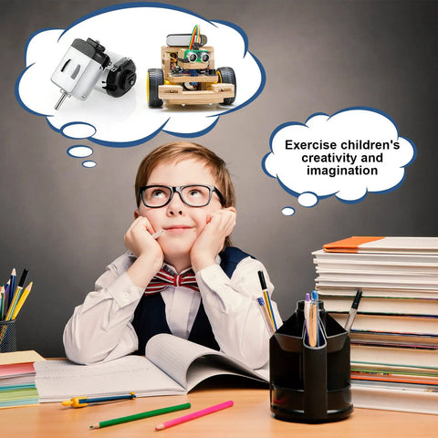 Child thinking about 40 Pack DC Motors 1.5 To 3 Volt 23000 RPM Mini Hobby Electric Motors for RC cars and STEM projects.