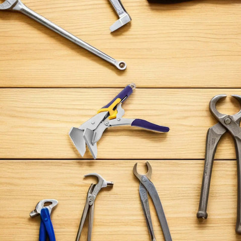 Sheet Metal Hand Seamer Pliers With Straight Jaw And Locking Clamp For Metal Bending Fabrication And HVAC Projects Heavy Duty Steel Construction With Non Slip Grip For Metalworking on wooden surface with other tools