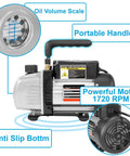 Pro Grade One Quarter HP Rotary Vane Vacuum Pump For Automotive Air Conditioning Refrigeration And HVAC Shop Ready 3.5 CFM With Vacuum Oil R410a And R134a Compatibility High Ultimate Vacuum And Easy Degassing, featuring oil volume scale and portable handle.