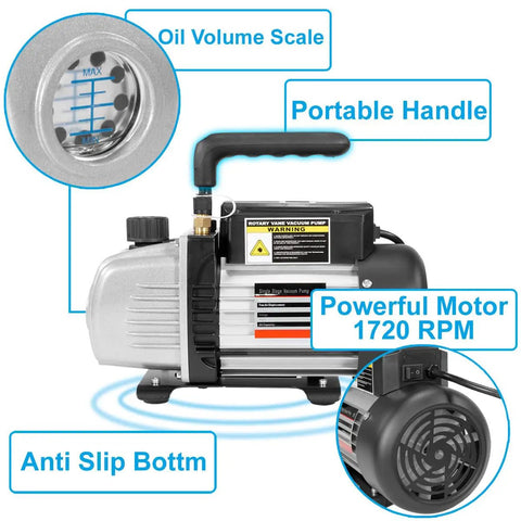 Pro Grade One Quarter HP Rotary Vane Vacuum Pump For Automotive Air Conditioning Refrigeration And HVAC Shop Ready 3.5 CFM With Vacuum Oil R410a And R134a Compatibility High Ultimate Vacuum And Easy Degassing, featuring oil volume scale and portable handle.