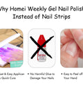 Comparison of Homei weekly gel polish application and advantages over nail glue, including easy peel-off and quick curing under UV light.
