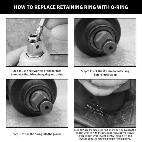 Installation guide for 10 Sets 3/8 Inch And 10 Sets 1/2 Inch Impact Wrench Retaining Rings With O Rings Replacement Snap Clip Kit.