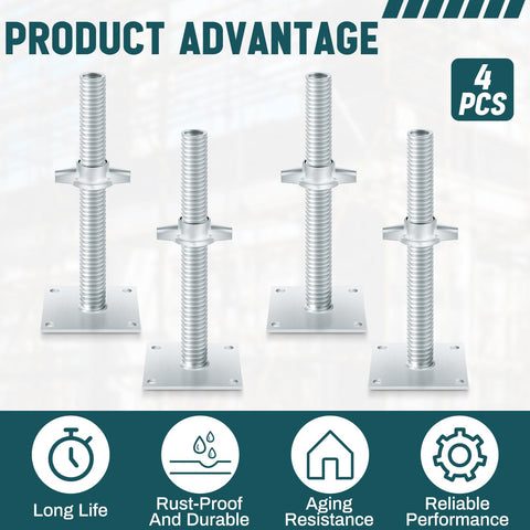 Heavy Duty Adjustable Leveling Jacks With Base Plate For Baker Scaffold System Comes With Four Kickass Supports, galvanized steel, pack of 4.