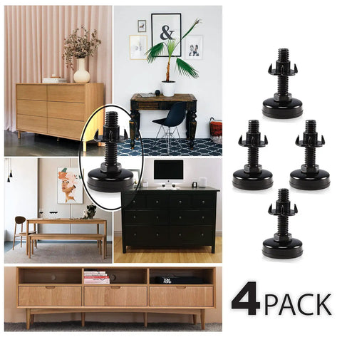 Rock Solid Adjustable Furniture Leveling Feet 3/8 Inch By 16 Thread Holds 1320 Lbs With T Nut Kit To Knock Out Wobbly Sofas Cabinets Tables Chairs Quick Black Four Pack, shown in various lifestyle settings.