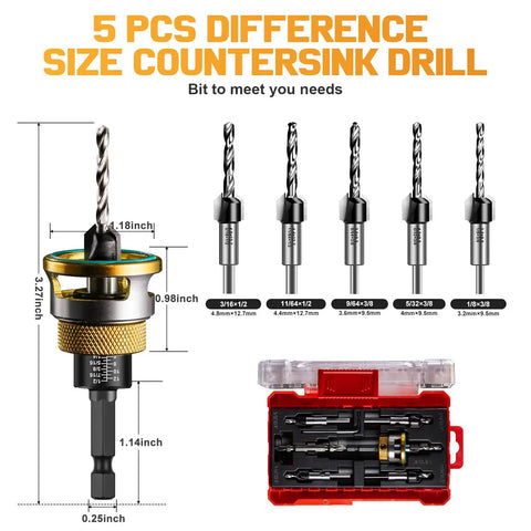 Woodworking Countersink Drill Bit Set, 5 sizes, HSS tapered bits, 1/4 inch hex shank, storage box, for precise countersinking.