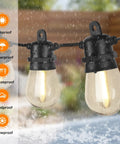 Outdoor LED String Lights 96 Ft Shatterproof And Waterproof IP65 With Replaceable Bulbs glowing in rain
