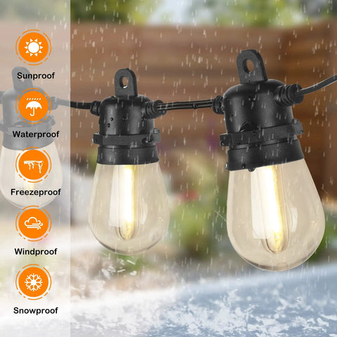 Outdoor LED String Lights 96 Ft Shatterproof And Waterproof IP65 With Replaceable Bulbs glowing in rain
