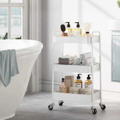 Three Tier Rolling Cart Metal Utility Storage Organizer With Lockable Wheels next to bathtub in bathroom setting