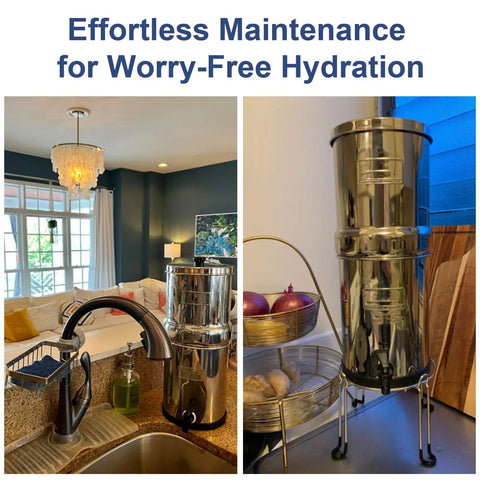Water Filter Maintenance Kit With Silicone Blocking Plugs, Washers And Wing Nuts For Gravity Water Filter Systems in use at kitchen counter
