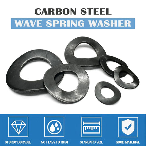 M12 Metric Wave Spring Washers Forged From Heavy Duty Carbon Steel With A Sleek Black Oxidized Finish Designed For Screws And Bolts Includes A Thirty Piece Set. Close-up of various sizes of wave washers.
