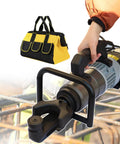 Built Tough Electric Rebar Cutter And Bender Combo For 18 To 36 Millimeter Steel Bars being held, showcasing hydraulic operation.