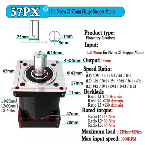 Heavy Duty Planetary Reducer For Nema 23 34 42 Stepper Worm Gear Design That Crushes Vibration While Serving Smooth As Butter Torque In 5 To 1 And 10 To 1 Ratios For Drives Built Tough For Daily Grind, showing dimensions and specifications.