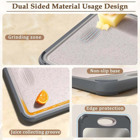 2 In 1 Stainless Steel And Wheat Straw Cutting Board For Kitchen Double Sided For Meat And Veggies Easy To Clean Large 16 By 11 Inches Durable Dual Material Board with non-slip base and juice groove.