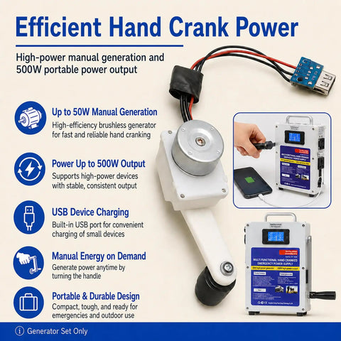 Hand Crank Portable Power Station for Off Grid Living 150W and 500W Emergency Generator with USB Charging, infographic.