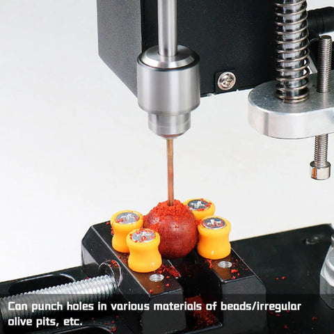 Slick Mini Bench Drill Press Featuring 4000 Rpm Precision Benchtop Drilling Machine With B10 Chuck, drilling through beads.