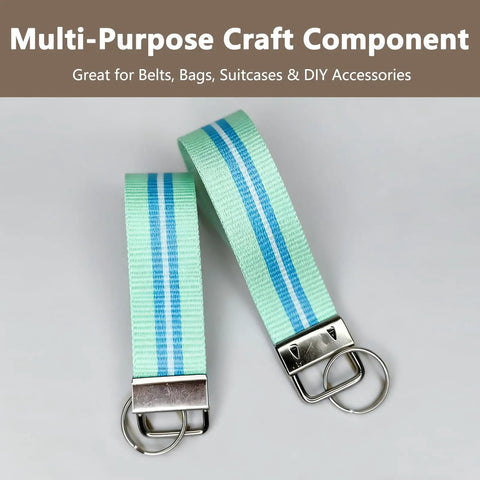 Premium 1 Inch Key Fob Hardware 10 Pack With Tough Keychain Rings And Secure Wristlet Ends For DIY Crafts, green straps with blue stripes.