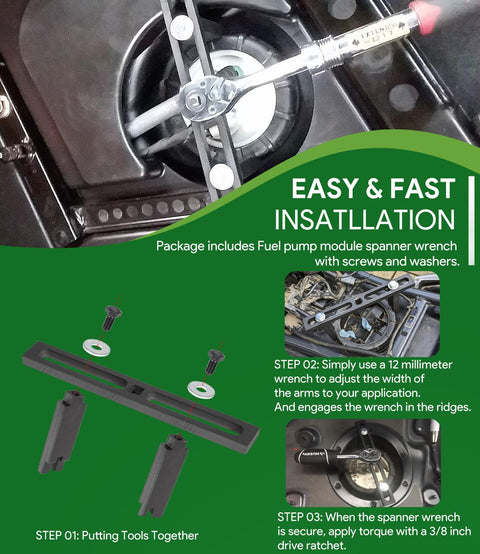 Universal Beefed Up Fuel Pump Module Spanner Wrench For Tank Retainer Lock Ring Removal Adjustable Tool Compatible With Silent Fuel Tank Lids For Mercedes Benz BMW Audi Volkswagen Chrysler 33mm To 156mm Outer Diameter installation guide.