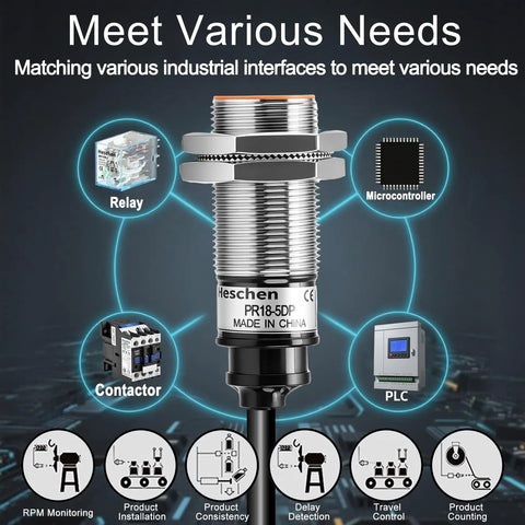M18 Inductive Proximity Sensor Switch PR18 5DP with 5mm Sensing Distance, 3 Wire PNP, Flush Mount, shown with industrial icons