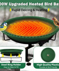 Heavy Duty Heated Bird Bath For Deck Railing With Smart Thermostat Quick Winter Defrosting 100W Outdoor Fountain Design Green Finish with birds.