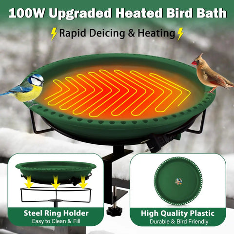 Heavy Duty Heated Bird Bath For Deck Railing With Smart Thermostat Quick Winter Defrosting 100W Outdoor Fountain Design Green Finish with birds.