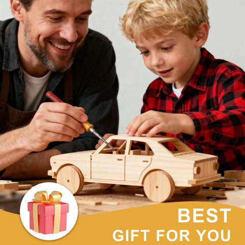 Side view of basswood toy car being assembled by an adult and child with a hobby knife.