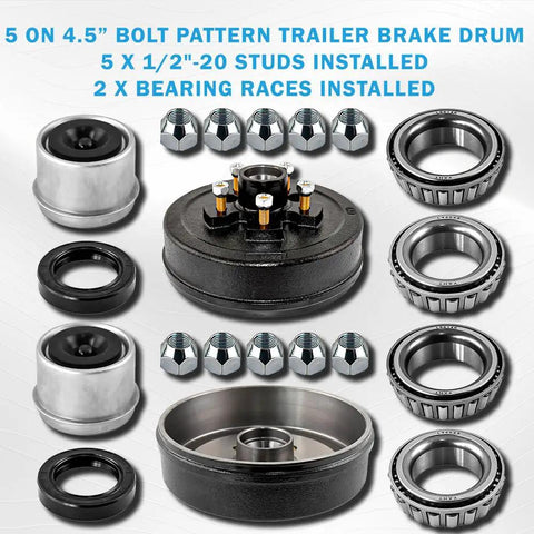 Beefed Up Trailer Brake Drum Kit 10x2 Inch 5 On 4.5 Inch Hub For 3500 Lb Axles Includes L68149 Inner Cone Bearings And L44649