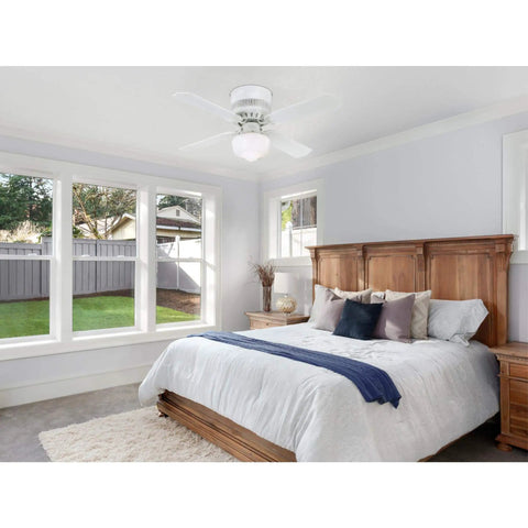 Casanova Supreme 42 Inch Indoor Ceiling Fan With Light In White Finish in a cozy bedroom, reversible white blades, opal glass light kit.