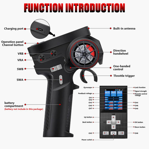 8 Channel 2.4GHz RC Transmitter with Receiver, ergonomic non-slip grip, adjustable trigger, button labels, and display features.