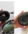 Hands inserting soft foam ear cup insert into aviation headset, showing 2x3 inch size and snug fit for long hauls, made in USA.