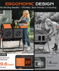 Outdoor 45 Gallon Dual Chamber 360 Degree Rotating Compost Bin For Fast Backyard Composting No Fuss Easy Tool Free Assembly Garden Tumbler For Outside And Yard with large opening and elevated base for easy use.