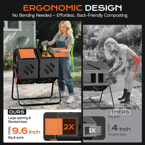 Outdoor 45 Gallon Dual Chamber 360 Degree Rotating Compost Bin For Fast Backyard Composting No Fuss Easy Tool Free Assembly Garden Tumbler For Outside And Yard with large opening and elevated base for easy use.