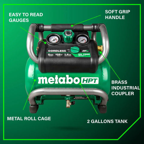 36V MultiVolt 2 Gallon Cordless Air Compressor On The Go Power For Pneumatic Finish Nailers And Tire Inflation Tool Body Only No Battery Included EC36DAQ4, front view with labeled features.