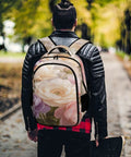 Soft Vintage Peony Bloom Printed Unisex Backpack With Large Capacity For Everyday Go To Daily Driver, worn by person outdoors