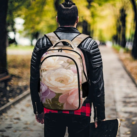 Soft Vintage Peony Bloom Printed Unisex Backpack With Large Capacity For Everyday Go To Daily Driver, worn by person outdoors