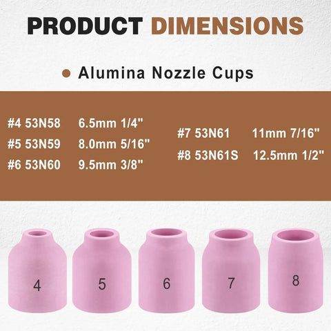 Alumina nozzle cups with dimensions from 53 Piece TIG Welding Torch Consumables Kit With Collets, Alumina Ceramic Cups, Glass Cups, Gas Lens, And Accessories For WP-17/18/26 Welders, Featuring Wide Compatibility And Stable Conductivity For Pro Grade Results.