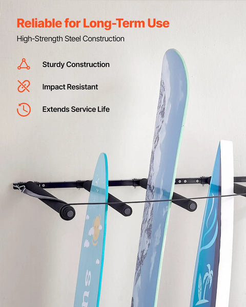 Keep Your Sick Gear Organized With This Heavy Duty Surfboard Wall Mount Vertical Paddle Board Rack Featuring Hella Secure Rubber Padding For Effortless Garage Storage And Zero Clutter Vibes, showcasing three surfboards on a sturdy steel rack.