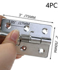 Hand holding a 3-Inch Stainless Steel Self Closing Cabinet Hinge with Spring Loaded Action, showing size and screw holes, part of 4 pack