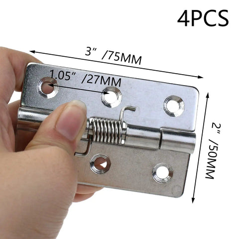 Hand holding a 3-Inch Stainless Steel Self Closing Cabinet Hinge with Spring Loaded Action, showing size and screw holes, part of 4 pack