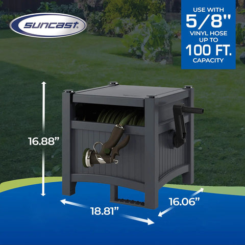Hose Hideaway Storage Reel Box In Cyberspace Grey for outdoor use with dimensions and hose capacity shown, durable resin material.