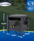 Two Pack Hideaway Garden Hose Reel System With Tangle-Free Retraction Stores 100 Feet Of 5/8 Inch Vinyl Hose In Cyberspace Grey shown with dimensions.