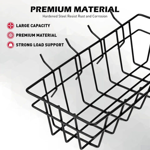 5 Piece Pegboard Baskets Set Heavy Duty Black Metal Wire Organizer Bins For Garage, Workshop, And Craft Room Wall Mount Tool Shelves Durable Steel Storage Bins To Tidy Tools And Accessories, showing close-up of black wire basket design.