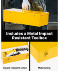 Happybuy Electric Hydraulic Rebar Cutter in included metal impact-resistant toolbox, featuring yellow metal casing for protection.