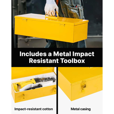 Happybuy Electric Hydraulic Rebar Cutter in included metal impact-resistant toolbox, featuring yellow metal casing for protection.