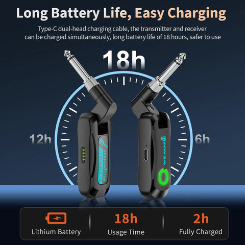 Wireless Guitar System For Electric Guitar And Bass With Rechargeable 2 4GHz Transmitter Receiver showing 18h battery life