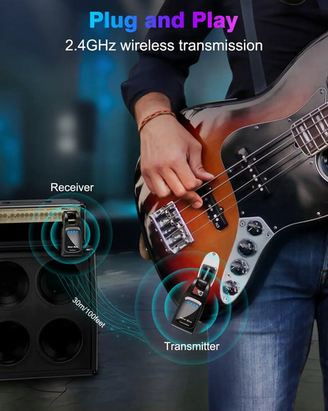 Musician using Wireless Guitar System 2.4GHz Six Channel Pro Grade Audio with bass guitar and amplifier