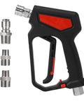 Pressure Washer Spray Gun Kit 5000 PSI 12 GPM With One Quarter Inch Quick Disconnect And Three Eighth Inch Quick Connect, M22-14 mm And M22-15 mm Fittings, Locking Handle For Safer, Easier Cleaning And Tough Jobs, shown with included fittings.