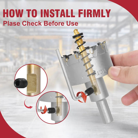 Heavy Duty Carbide Hole Saw 1-3/4 Inch With Titanium Center Bit installation guide demonstrating components and assembly.