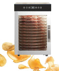 Kickstart Your Snack Game With This Whisper Quiet Electric Food Dehydrator Featuring 360 Rotating Trays Digital Timer And Glass Window For Flawless Jerky Fruit And Veggie Drying At Home, showing 12 tier design with potato chips.